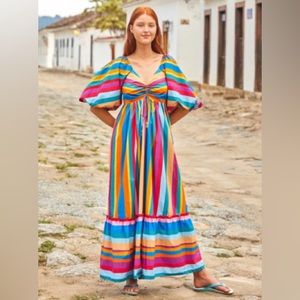 Farm Rio Rainbow Striped Scarf Puff Sleeve Maxi Dress